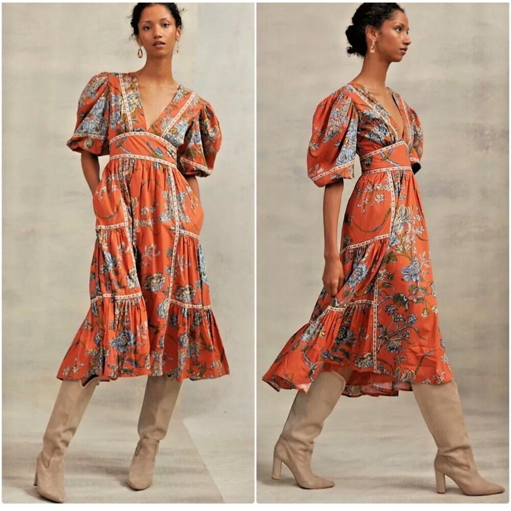 Anthropologie Love The Label Puff Sleeved Tiered Floral Midi Dress Size M